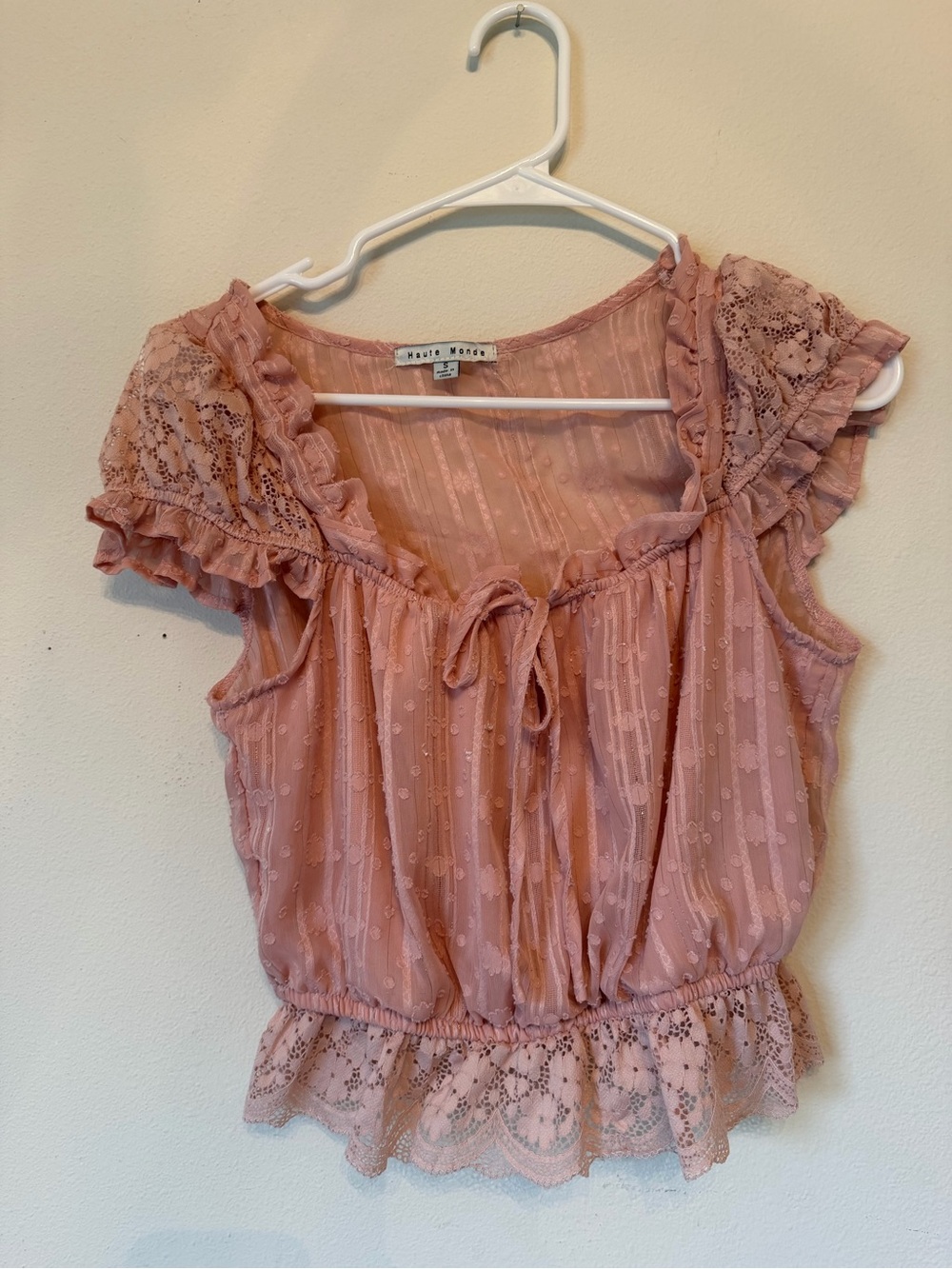 Monteau Dusty Rose Lace Peplum Tie-Front Top